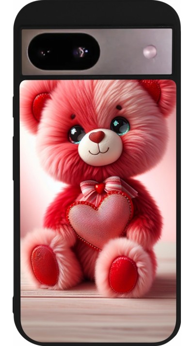 Coque Google Pixel 8a - Silicone rigide noir Valentine 2024 Ourson rose