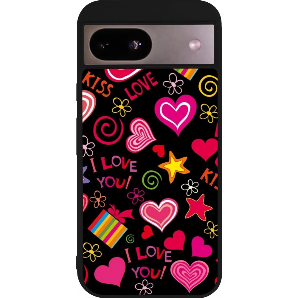 Coque Google Pixel 8a - Silicone rigide noir Valentine 2023 love symbols