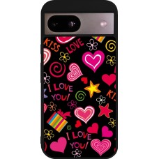 Coque Google Pixel 8a - Silicone rigide noir Valentine 2023 love symbols