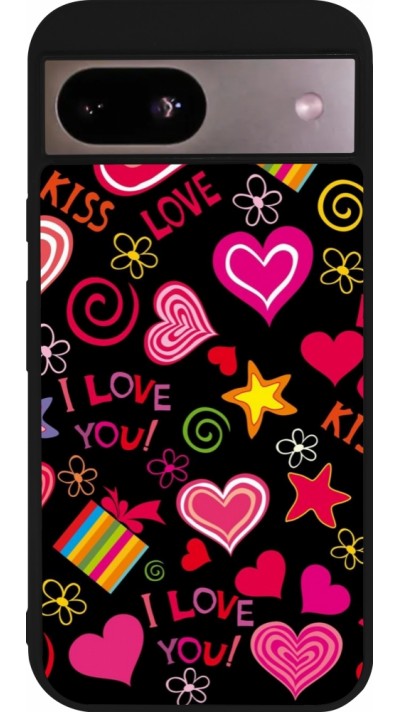 Coque Google Pixel 8a - Silicone rigide noir Valentine 2023 love symbols