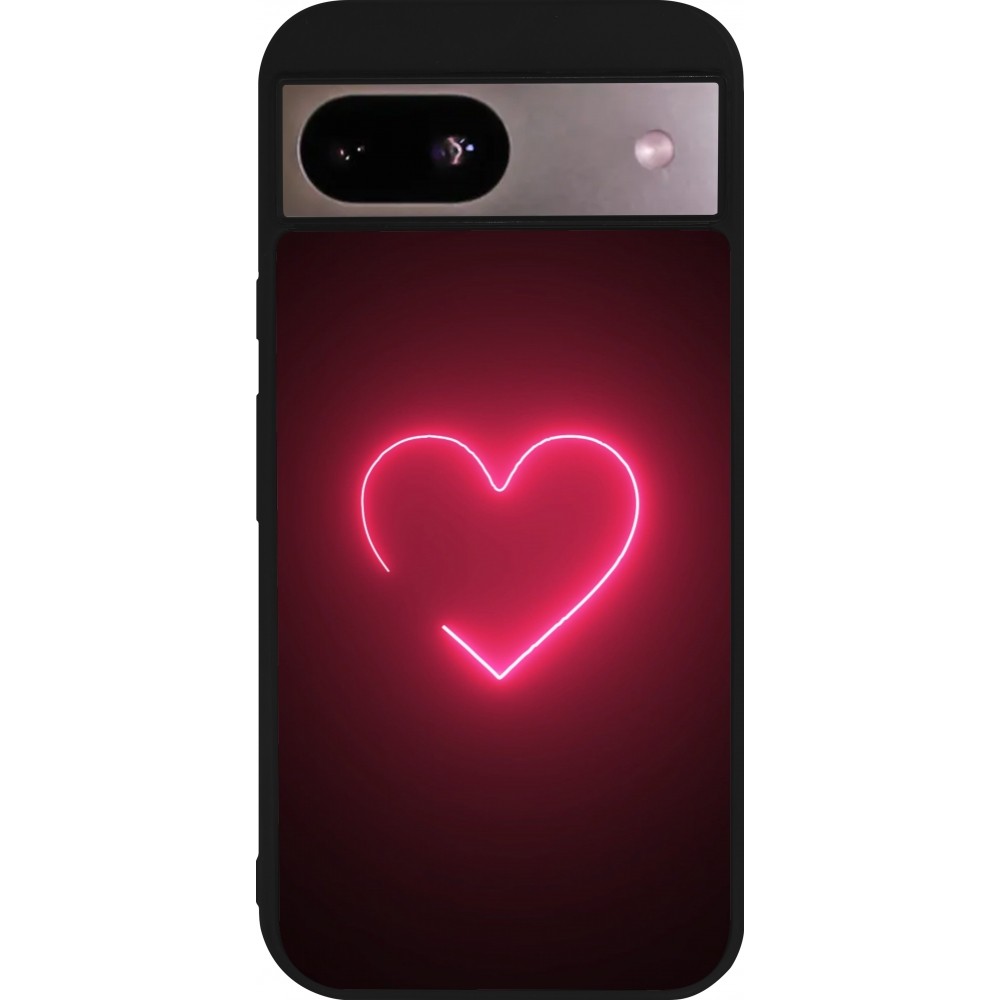 Coque Google Pixel 8a - Silicone rigide noir Valentine 2023 single neon heart