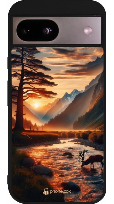 Coque Google Pixel 8a - Silicone rigide noir Valley Sunset Deer Tree