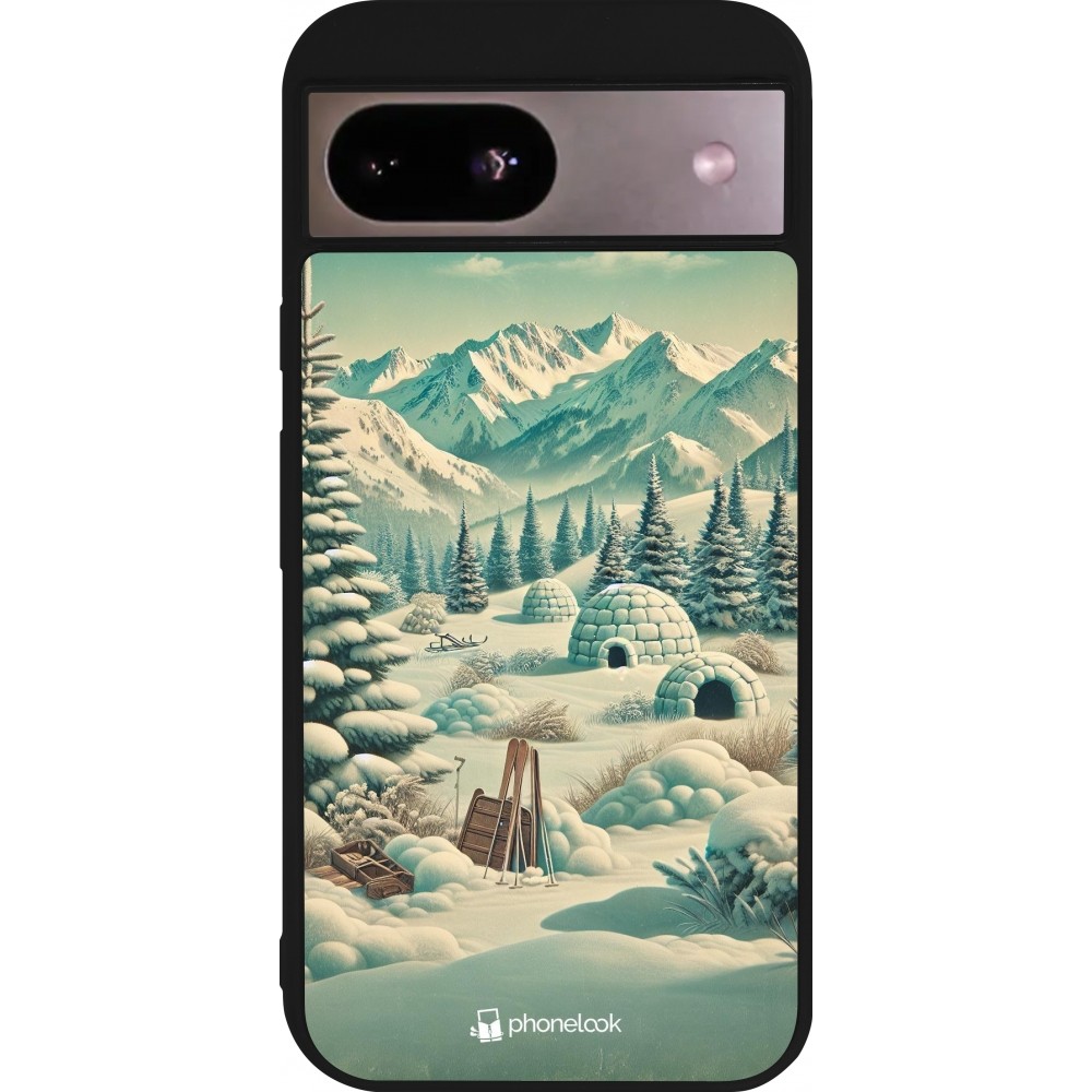 Coque Google Pixel 8a - Silicone rigide noir Vintage Snowy Mountain Igloo