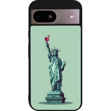 Coque Google Pixel 8a - Silicone rigide noir Wine Statue de la liberté avec un verre de vin