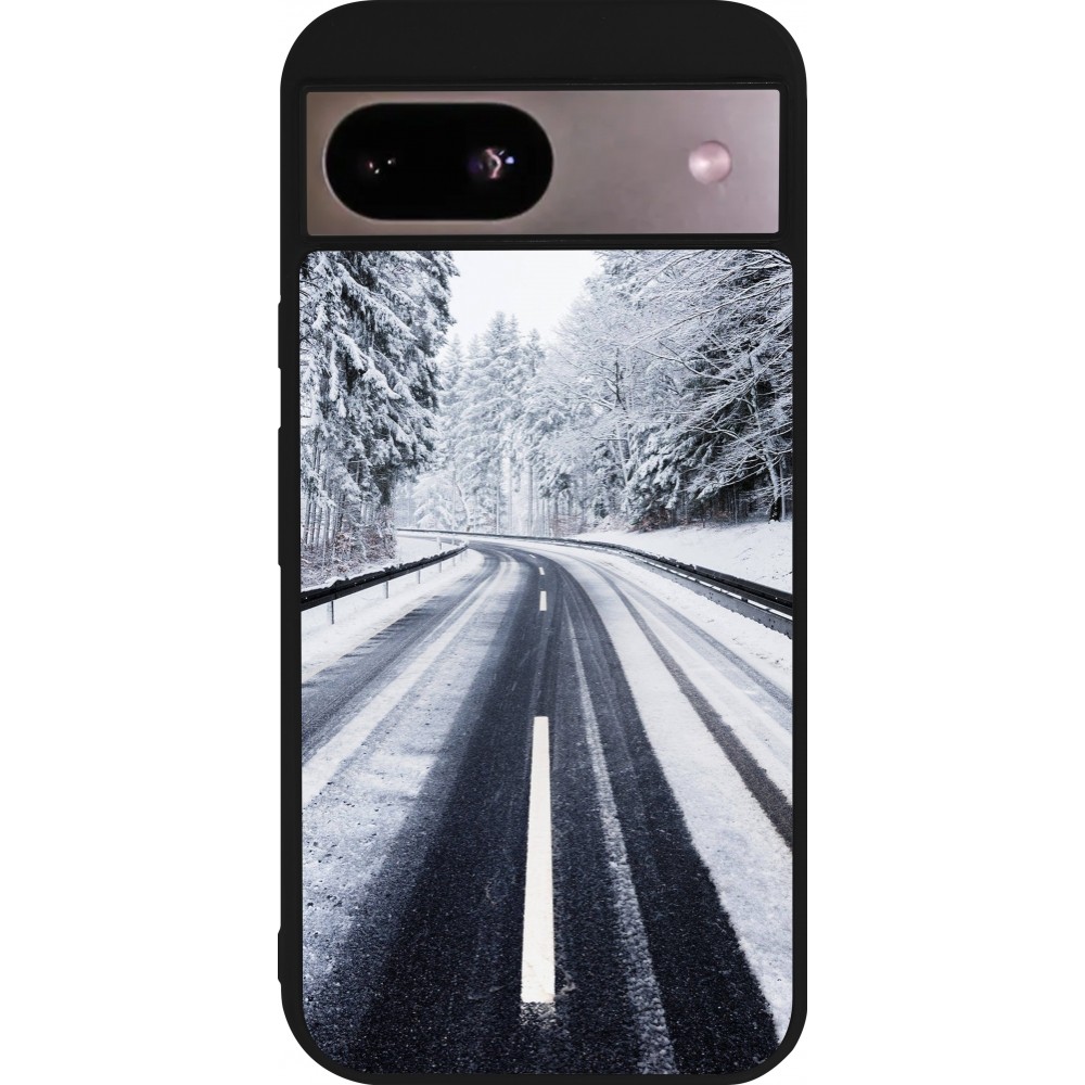 Coque Google Pixel 8a - Silicone rigide noir Winter 22 Snowy Road