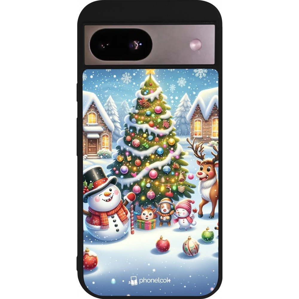 Coque Google Pixel 8a - Silicone rigide noir Noël 2023 bonhomme de neige et sapin