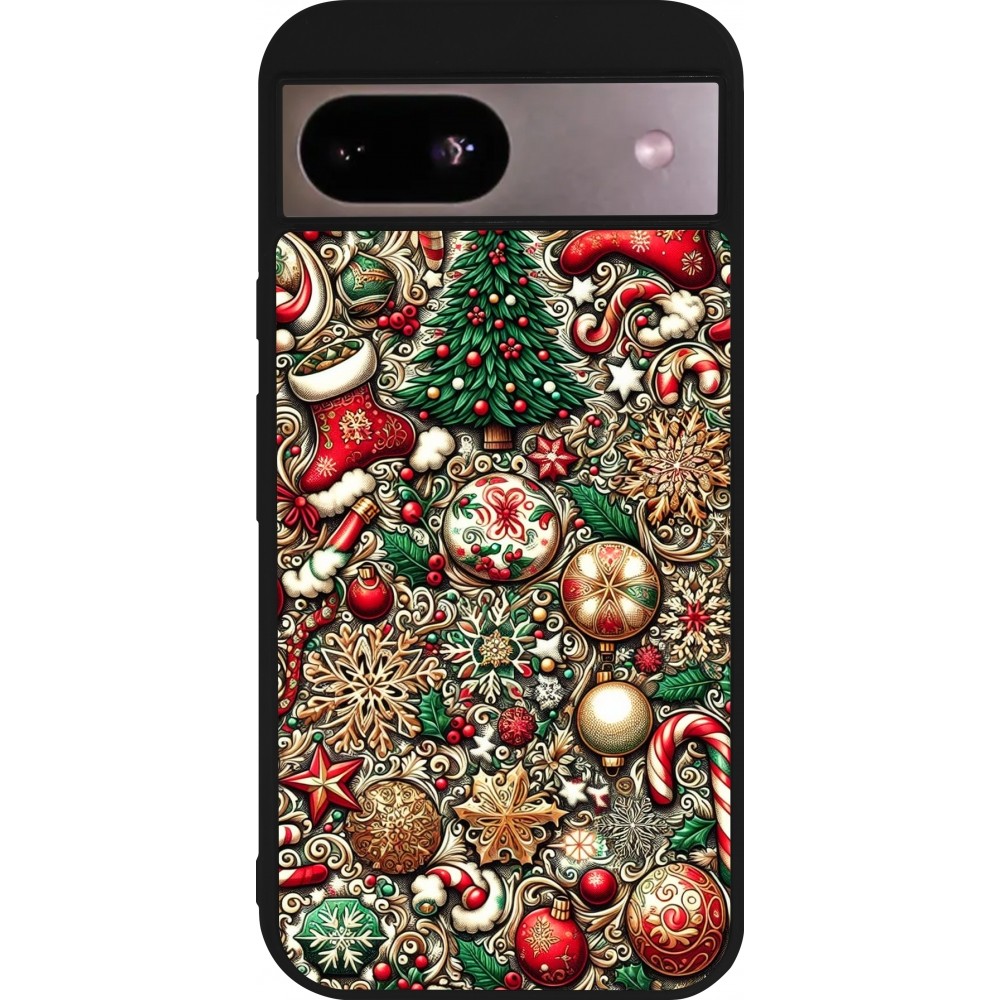 Coque Google Pixel 8a - Silicone rigide noir Noël 2023 micro pattern