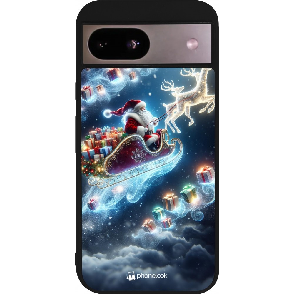 Coque Google Pixel 8a - Silicone rigide noir Noël 2023 Père Noël enchanté