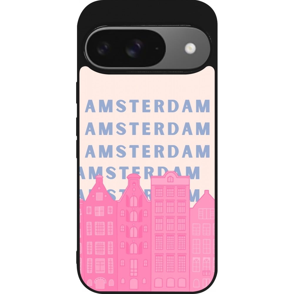 Coque Google Pixel 9 / Pixel 9 Pro - Silicone rigide noir Amsterdam Pink Print