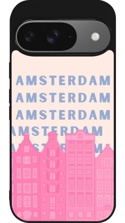 Coque Google Pixel 9 / Pixel 9 Pro - Silicone rigide noir Amsterdam Pink Print