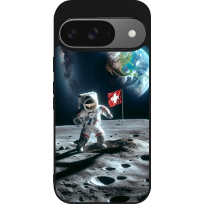 Coque Google Pixel 9 / Pixel 9 Pro - Silicone rigide noir Astro Suisse sur lune