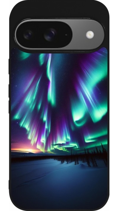 Coque Google Pixel 9 / Pixel 9 Pro - Silicone rigide noir Aurore Boréale Étincelante