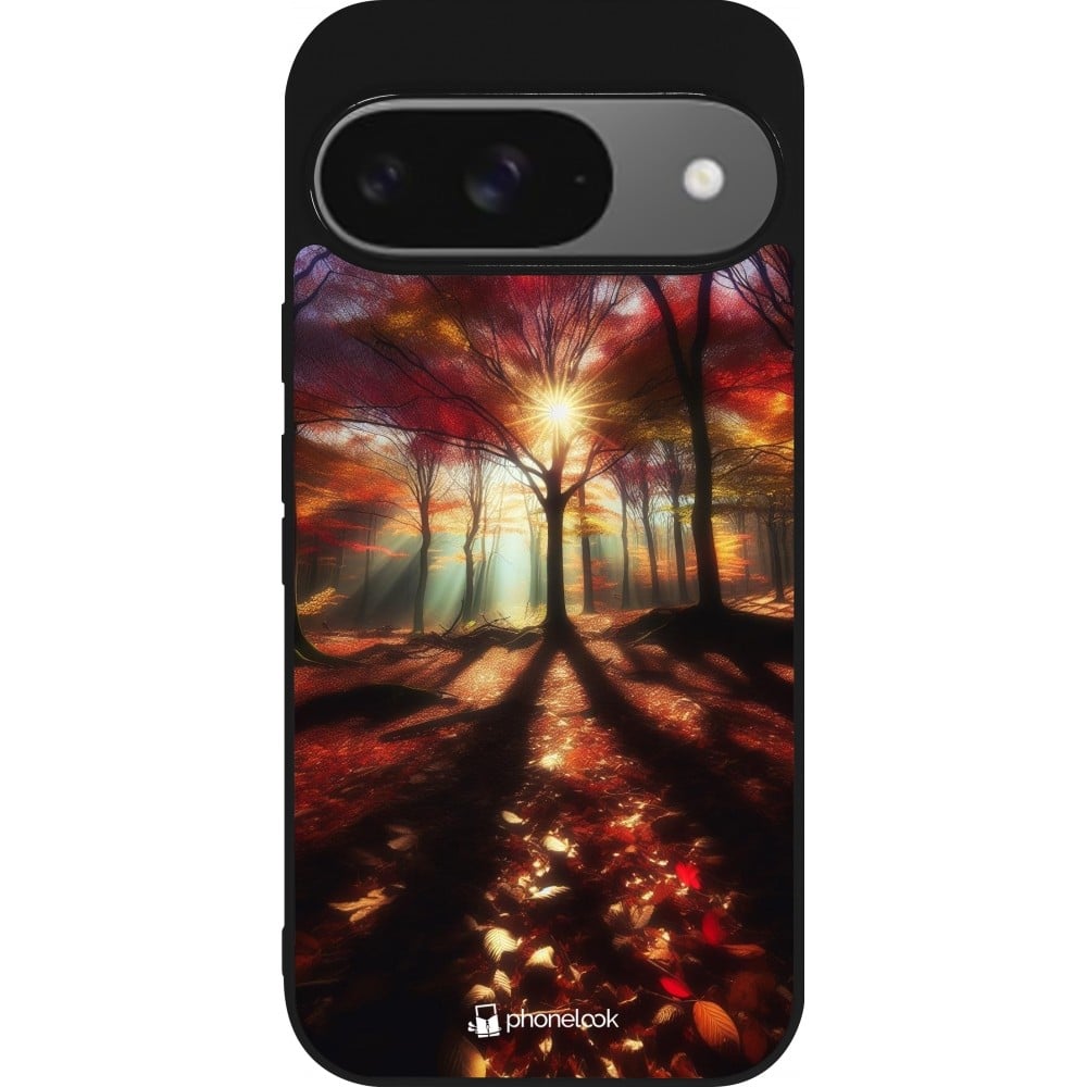 Coque Google Pixel 9 / Pixel 9 Pro - Silicone rigide noir Automne doré glare