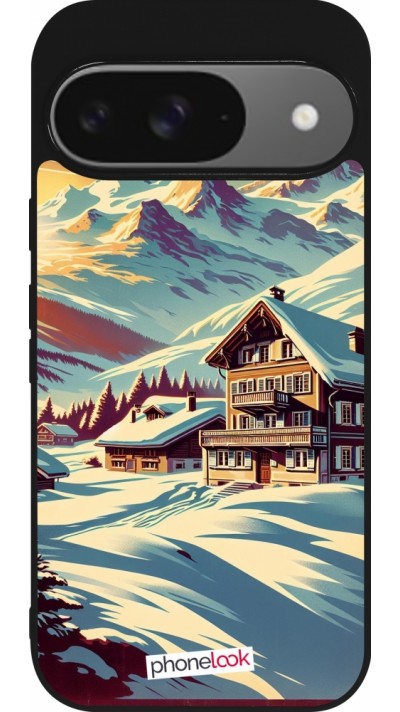 Coque Google Pixel 9 / Pixel 9 Pro - Silicone rigide noir Chalet montagne enneigée