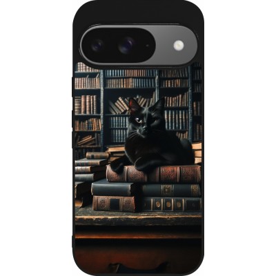 Coque Google Pixel 9 / Pixel 9 Pro - Silicone rigide noir Chat livres sombres