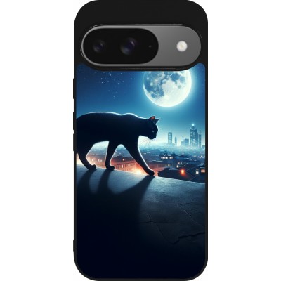 Coque Google Pixel 9 / Pixel 9 Pro - Silicone rigide noir Chat noir sous la pleine lune