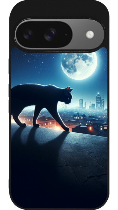 Coque Google Pixel 9 / Pixel 9 Pro - Silicone rigide noir Chat noir sous la pleine lune