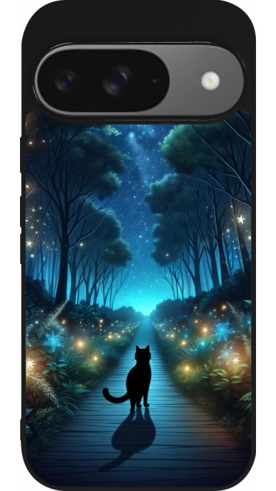 Coque Google Pixel 9 / Pixel 9 Pro - Silicone rigide noir Chat noir promenade