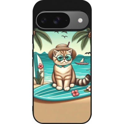 Coque Google Pixel 9 / Pixel 9 Pro - Silicone rigide noir Chat Surf Style