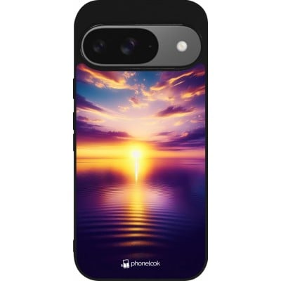 Coque Google Pixel 9 / Pixel 9 Pro - Silicone rigide noir Coucher soleil jaune violet