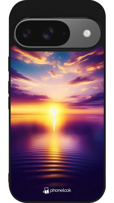 Coque Google Pixel 9 / Pixel 9 Pro - Silicone rigide noir Coucher soleil jaune violet