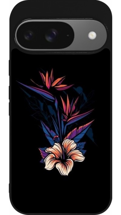 Coque Google Pixel 9 / Pixel 9 Pro - Silicone rigide noir Dark Flowers