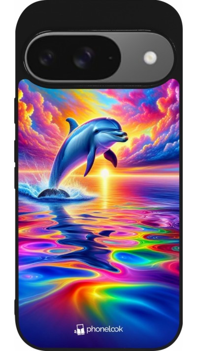 Coque Google Pixel 9 / Pixel 9 Pro - Silicone rigide noir Dauphin arc-en-ciel heureux