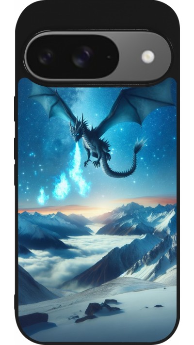 Coque Google Pixel 9 / Pixel 9 Pro - Silicone rigide noir Dragon nocturne montagne