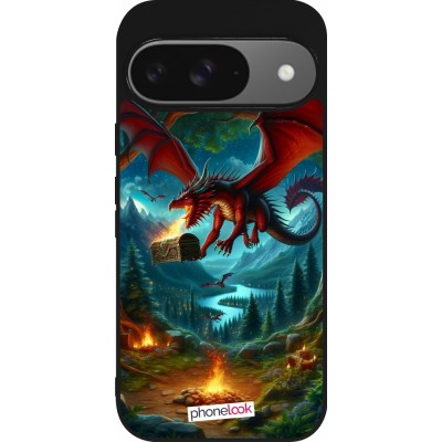 Coque Google Pixel 9 / Pixel 9 Pro - Silicone rigide noir Dragon Volant Forêt Trésor