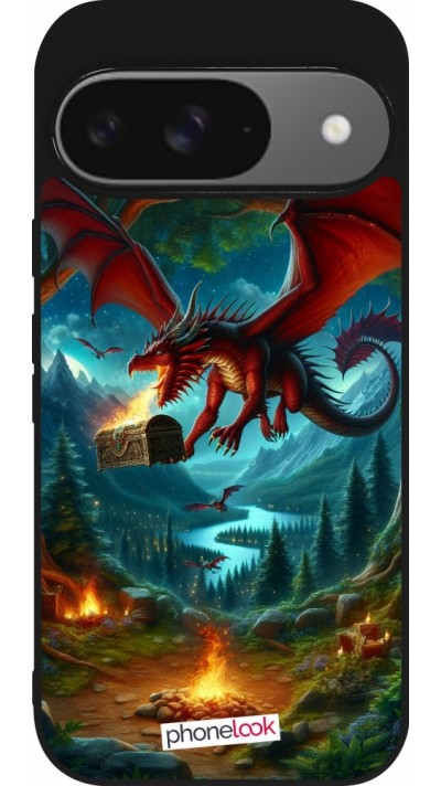 Coque Google Pixel 9 / Pixel 9 Pro - Silicone rigide noir Dragon Volant Forêt Trésor