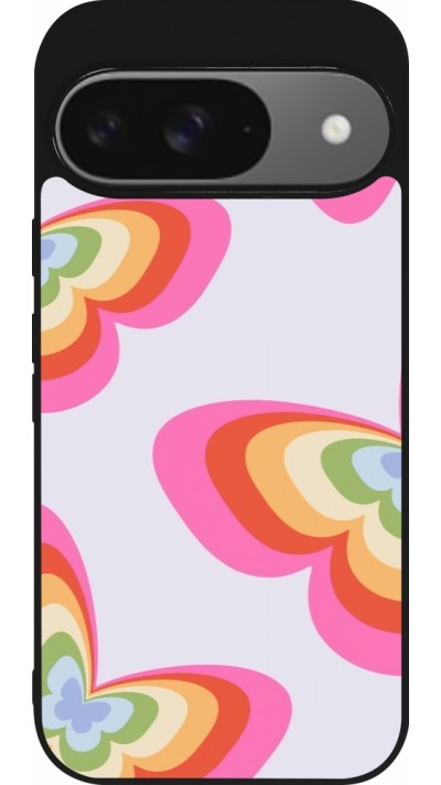 Coque Google Pixel 9 / Pixel 9 Pro - Silicone rigide noir Easter 2024 rainbow butterflies