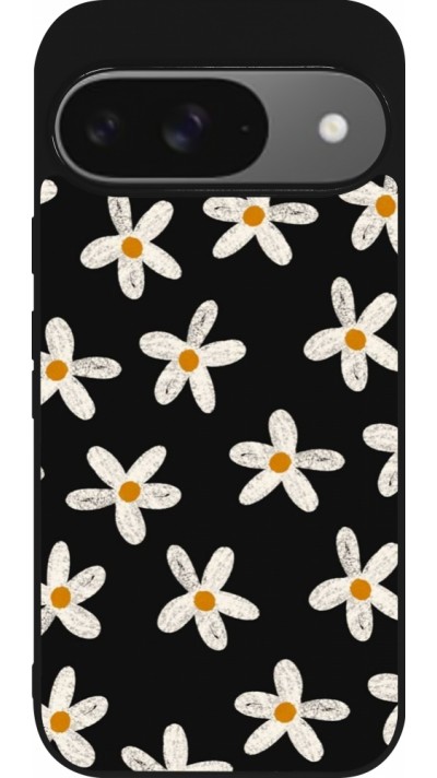 Coque Google Pixel 9 / Pixel 9 Pro - Silicone rigide noir Easter 2024 white on black flower