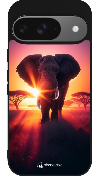 Coque Google Pixel 9 / Pixel 9 Pro - Silicone rigide noir Elephant Sunrise Beauty