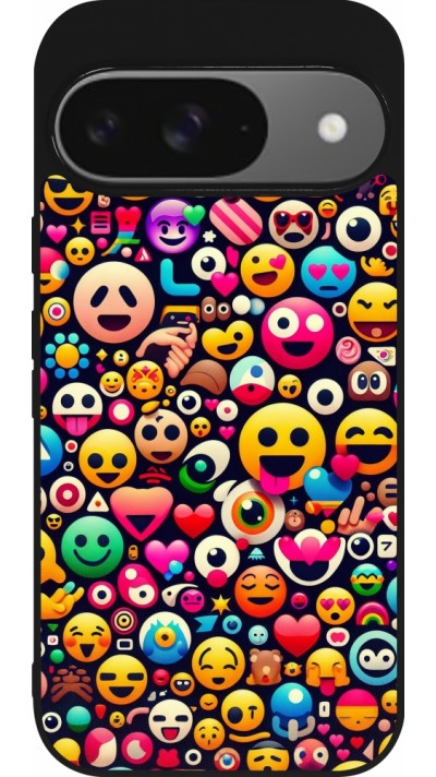 Coque Google Pixel 9 / Pixel 9 Pro - Silicone rigide noir Emoji Mix Color