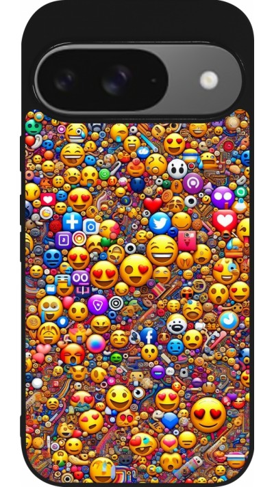 Coque Google Pixel 9 / Pixel 9 Pro - Silicone rigide noir Emoji mixed