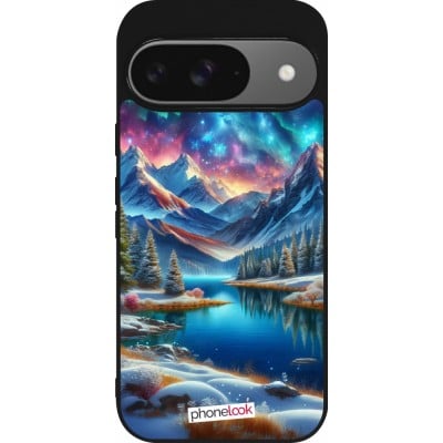 Coque Google Pixel 9 / Pixel 9 Pro - Silicone rigide noir Fantasy Mountain Lake Sky Stars