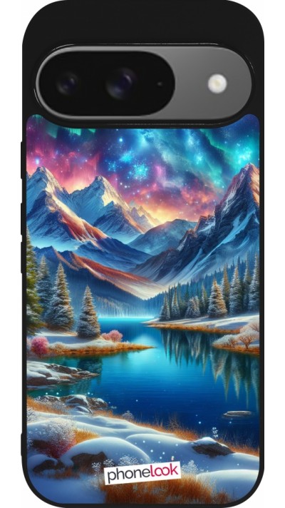 Coque Google Pixel 9 / Pixel 9 Pro - Silicone rigide noir Fantasy Mountain Lake Sky Stars