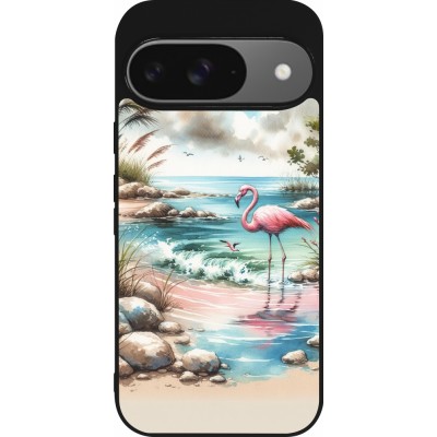 Coque Google Pixel 9 / Pixel 9 Pro - Silicone rigide noir Flamant rose aquarelle