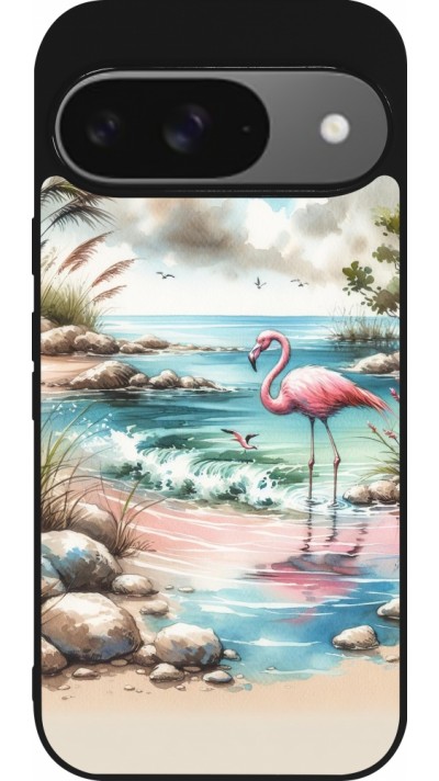 Coque Google Pixel 9 / Pixel 9 Pro - Silicone rigide noir Flamant rose aquarelle