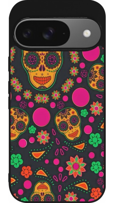 Coque Google Pixel 9 / Pixel 9 Pro - Silicone rigide noir Halloween 22 colorful mexican skulls