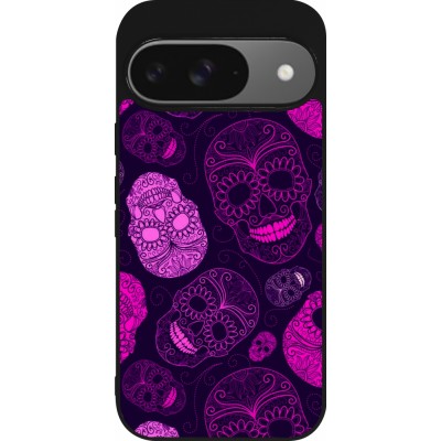 Coque Google Pixel 9 / Pixel 9 Pro - Silicone rigide noir Halloween 2023 pink skulls