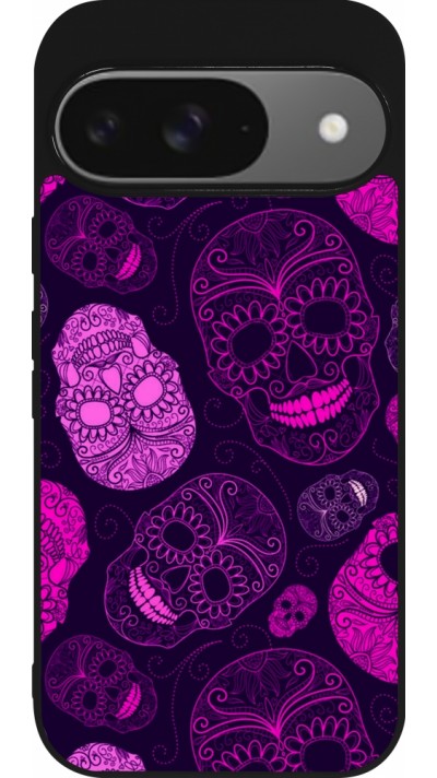 Coque Google Pixel 9 / Pixel 9 Pro - Silicone rigide noir Halloween 2023 pink skulls