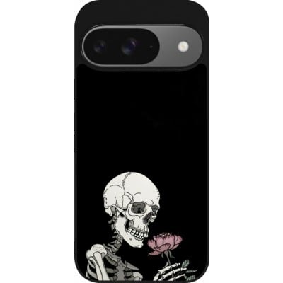 Coque Google Pixel 9 / Pixel 9 Pro - Silicone rigide noir Halloween 2023 rose and skeleton