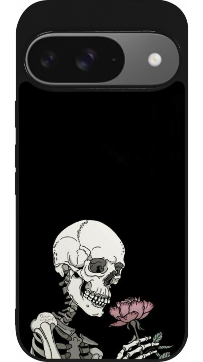 Coque Google Pixel 9 / Pixel 9 Pro - Silicone rigide noir Halloween 2023 rose and skeleton