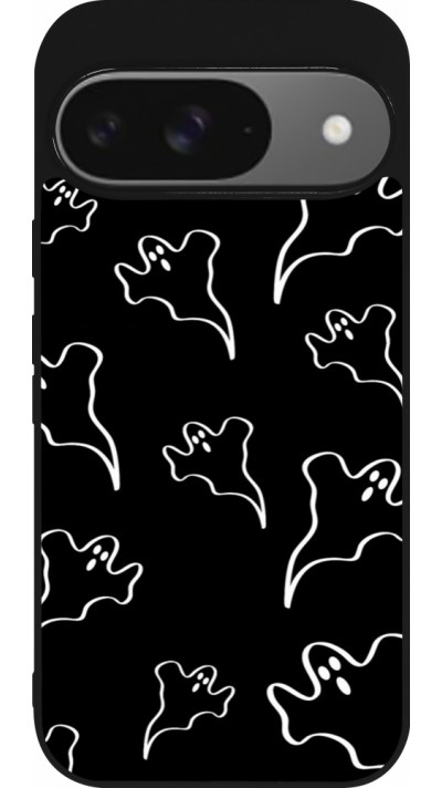 Coque Google Pixel 9 / Pixel 9 Pro - Silicone rigide noir Halloween 2024 black and white ghosts