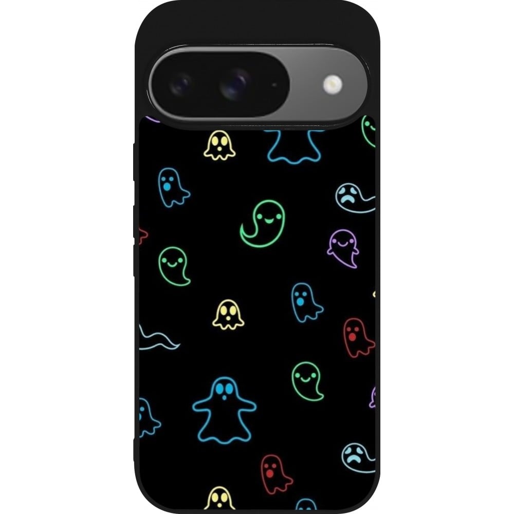 Coque Google Pixel 9 / Pixel 9 Pro - Silicone rigide noir Halloween 2024 colorful ghosts