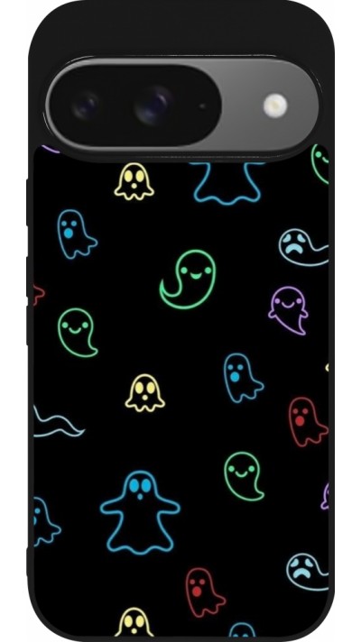 Coque Google Pixel 9 / Pixel 9 Pro - Silicone rigide noir Halloween 2024 colorful ghosts