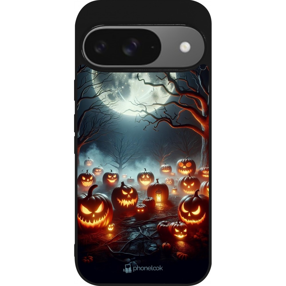 Coque Google Pixel 9 / Pixel 9 Pro - Silicone rigide noir Halloween 2024 Many Pumpkins