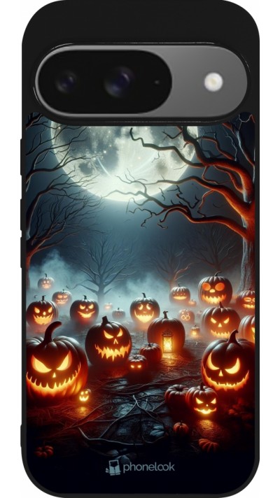 Coque Google Pixel 9 / Pixel 9 Pro - Silicone rigide noir Halloween 2024 Many Pumpkins