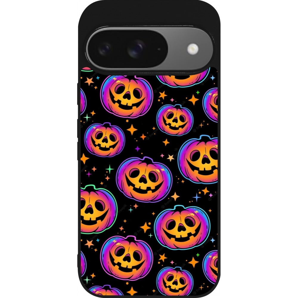 Google Pixel 9 / Pixel 9 Pro Case Hülle - Silikon schwarz Halloween 2024 rainbow pumpkins